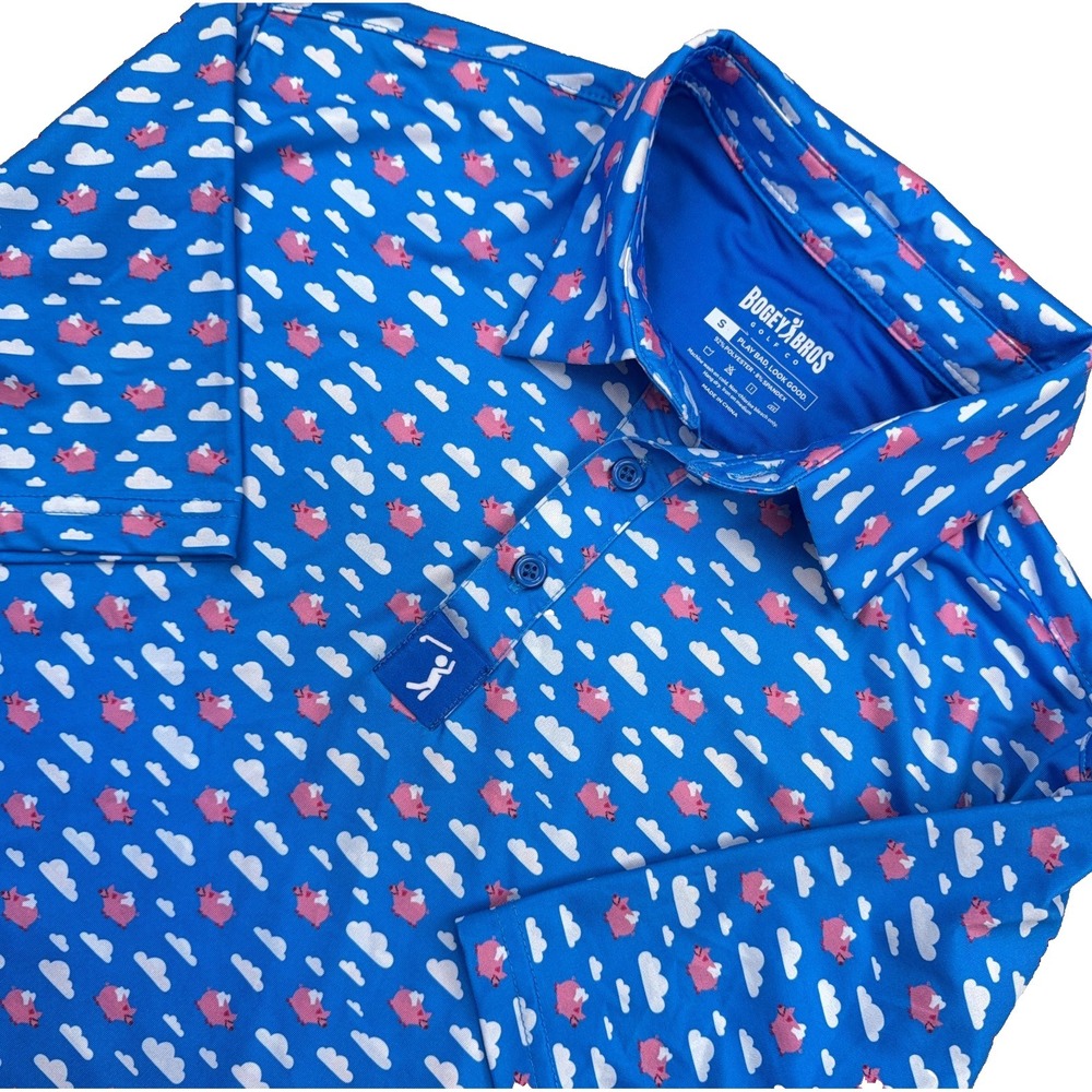 Bogey Bros Polo Shirt Men Small Blue Performance Wicking Golf Cloud Pig Print